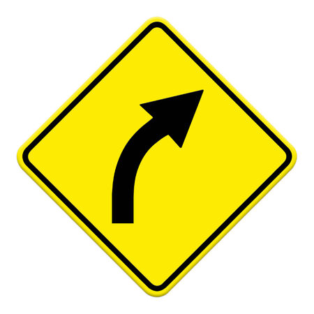 Road sign warning of dangerous right curve isolated on white backgroundの写真素材