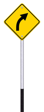 Road sign warning of dangerous right curve isolated on white backgroundの写真素材