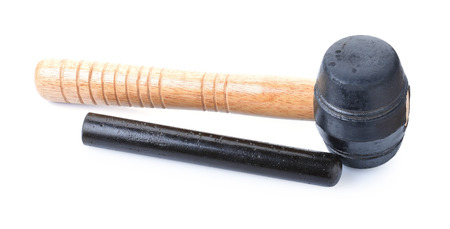 rubber hammer and wooden base for massage on white backgroundの写真素材