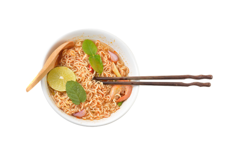 Tom Yum Shrimp Noodles on a white backgroundの写真素材