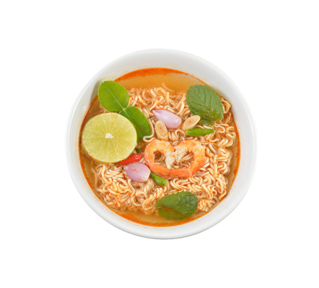 Tom Yum Shrimp Noodles on a white backgroundの写真素材