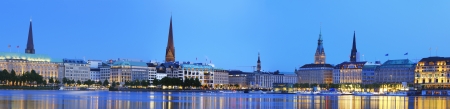 Panorama picture of the Binnenalster in Hamburg at the blue hour の写真素材