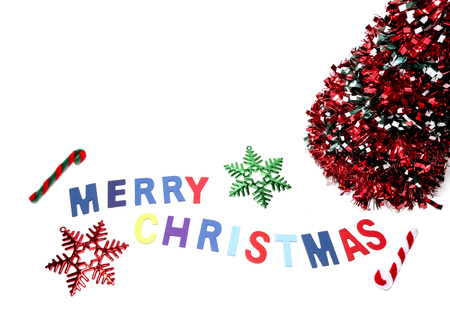 Merry Christmas greeting word in colorful wooden on isolated backgroundの写真素材