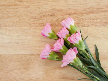 Bouquet of sweet pink Carnation flower on wood background with top viewの写真素材