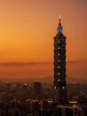 Sunset of cityscape nightlife view of Taipei. Taiwan city skyline at twilight time, public scene...