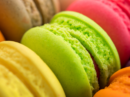 Closeup stack of French colorful macarons (Selective focus)