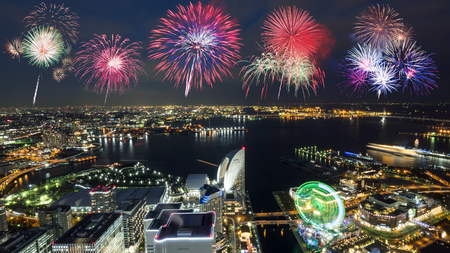Firework with night light Yokohama cityscape hight view with modern building in Japan