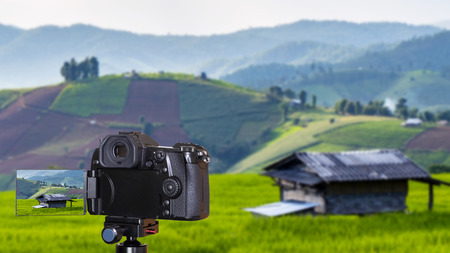 Digital camera over tripod on blur background of single home in the green paddy field / rice field fram in the afternoon at countryside in Chiangmai, Thailandの写真素材