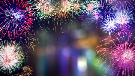 Colorful firework with bokeh background with copy space for New Year celebration, Abstract holiday backgroundの写真素材