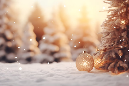 Christmas decoration with x'mas ball, christmas tree, snow and gift on glister lights background to celebration, Generative AIの素材