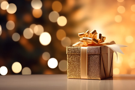 Christmas decoration with x'mas ball, christmas tree, snow and gift on glister lights background to celebration, Generative AIの素材