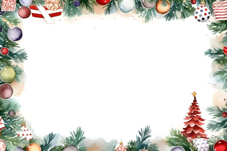 Cute Christmas Tree ang gifts frame on white background. Merry Christmas Party and x'mas celebration Watercolor illustration background, Generative AIの素材