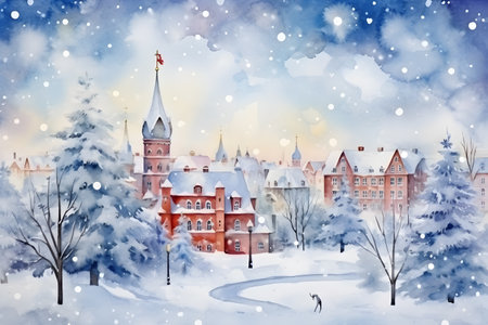Cityscape with skyscraper and Christmas tree in modern city on snowvy season to X'mas celebrate. Watercolor illustration background, Generative AIの素材
