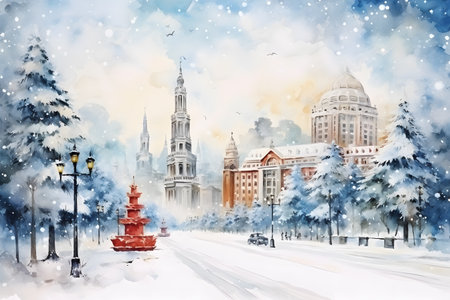 Cityscape with skyscraper and Christmas tree in modern city on snowvy season to X'mas celebrate. Watercolor illustration backgroundの素材