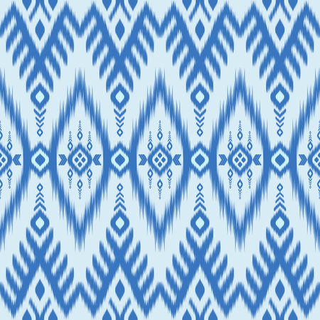 Blue Color of Ikat pattern, Thai art design, Ikat Ornament style, Ikat Print. Abstract geometric seamless pattern traditional ethic for decoration, clothing, fabric, textile, fashion.のイラスト素材