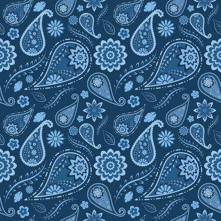 Paisley pattern. Abstract background of paisley design for dress, fashion, fabric, textile. Paisley seamless, traditional ethic ornament for decoration. Navy blue color tone.のイラスト素材