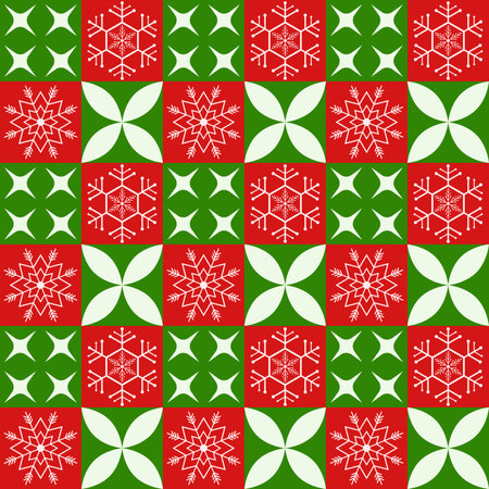 Red Green Color of Geometry square tile seamless pattern. Mosaic snowflakes Christmas background design for decoration on Christmas seasoning, web, wrapping, wallpaper, textile, fashion.のイラスト素材