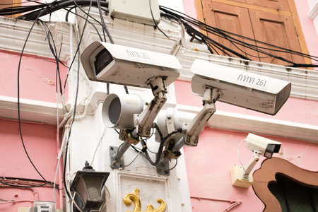 Security camera at shopping, walking street of Phuket city. One of most popular tourist city in Thailand : 18 October 2020 - Phuket province, Thailand.のeditorial素材