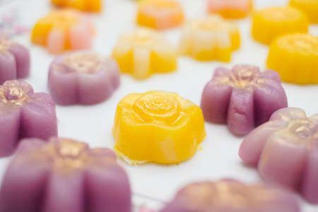 Allure or Kanom Ar Lua, A Thai Dessert made with flour, sugar, coconut cream and your choice of natural food color. A traditional Portuguese desserts have been introduced to Siam during the Ayutthaya Kingdom in the 17th century and mix with Thai ingredient and local technique. Homemade Bakery.の写真素材