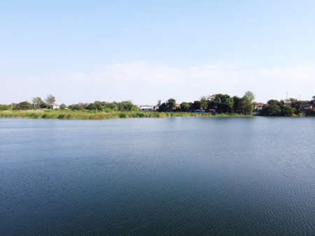 Aerial drone of lake in countryside near village. Source of local life fishing. Danger for young...
