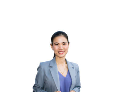 Portrait of happy smiling young Asia working woman in suit. Concept excite start new job, business woman, cheerful, hope - Isolated.の写真素材