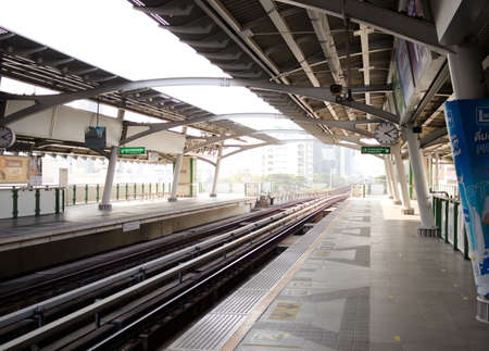Bangkok, Thailand - February 3, 2021: BTS, Sky train platform station during outbreak, no people. Bangkok Thailand.のeditorial素材