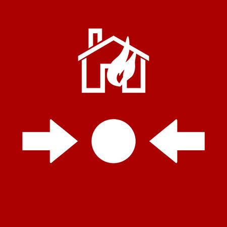 Red icon sign board for fire extinguisher. Fire, house symbol or label.のイラスト素材