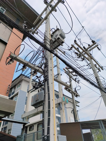 Bangkok, Thailand - May 8, 2021 : Electrical pole with transmission line, insulation, transformer....