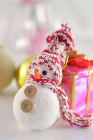 Christmas card with a snowman clous-upの写真素材