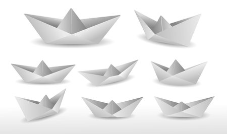 folded paper boat origami. modern origami paper ship. collection realistic paper boat origami.のイラスト素材