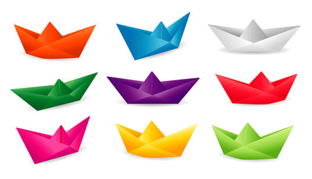folded paper boat origami. modern origami paper ship. collection realistic paper boat origami.のイラスト素材