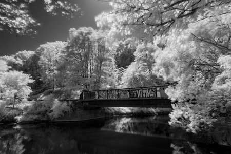 Black and White train track bridge crossing the Don Vally riverの写真素材