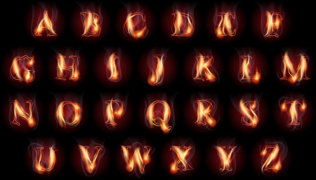 set of fire burning latin alphabet lettersのイラスト素材