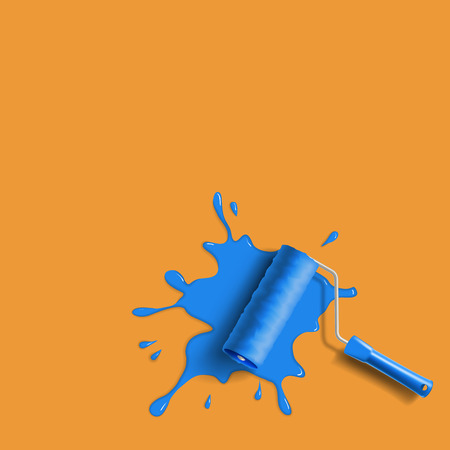 roller brush with blue paint splash on the orange wallのイラスト素材
