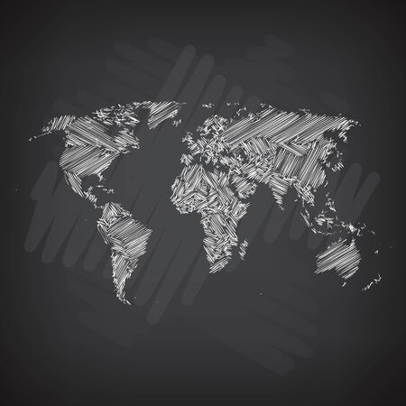 Sketchy World Map. White Chalk Line on Blackboardのイラスト素材