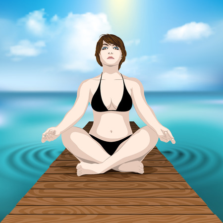 woman practicing yoga on wooden pier at sea with cloudscapeのイラスト素材