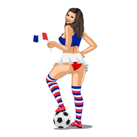 France Soccer Fan, sexy woman looks back and put her leg on soccer ball and smilesのイラスト素材