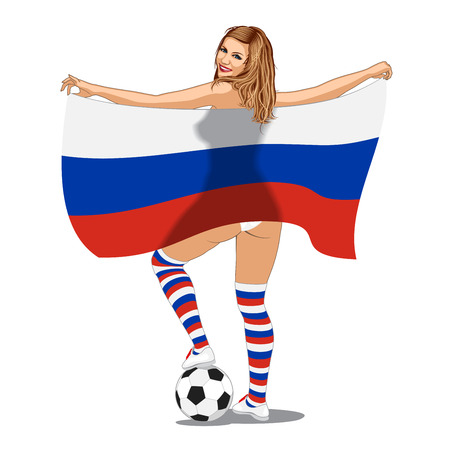 Russia Football Fan, sexy woman looks back and put her leg on soccer ball and smilesのイラスト素材
