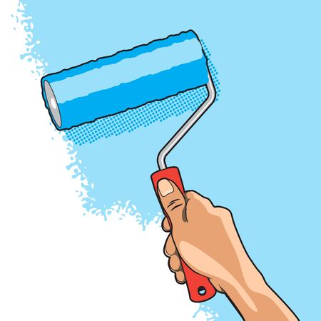 Hand Paints Wall with Blue Color Roller Brushのイラスト素材