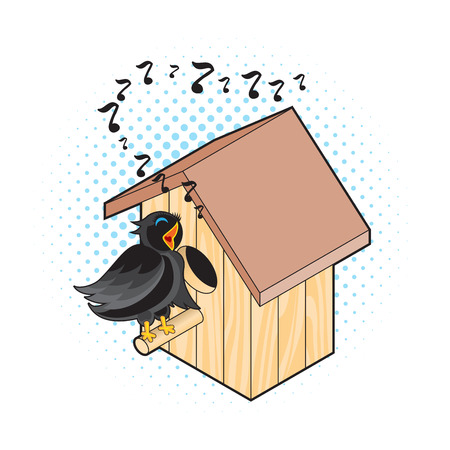 Starling and Nesting Box. Black Bird Sings near the Nestのイラスト素材