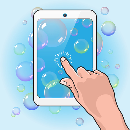 Hand Plays Soap Bubbles on the White Touch Tablet PCのイラスト素材