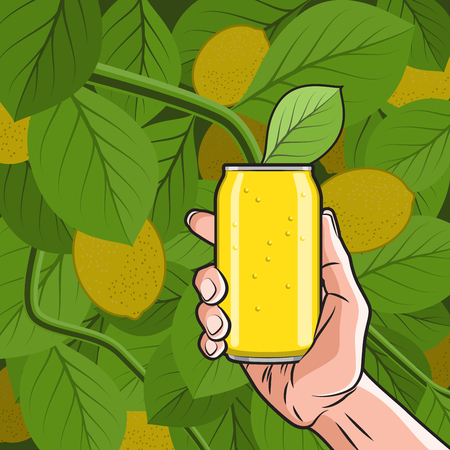 Fresh Lemon Drink Can in Hand on the Lemon Tree backgroundのイラスト素材