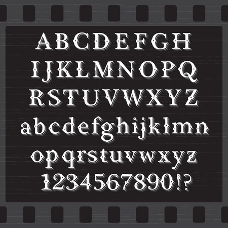 Retro Vintage Style White Font with Shadows on Black Background. Set of Both Case Letters and Digitsのイラスト素材