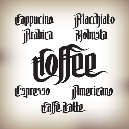 Coffee Labels Set. Modern Gothic Style Font. Kinds of coffee drinks for menuのイラスト素材