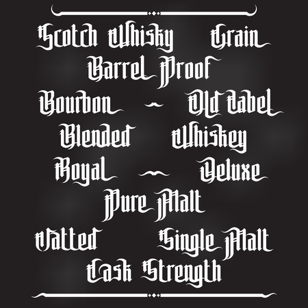 Whiskey Labels Set. Modern Gothic Style Font. Kinds of whiskeyのイラスト素材