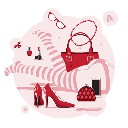 Women things. Set of accessories and clothes, shoes, bag, cosmetics and jewelry. vector illustrationのイラスト素材