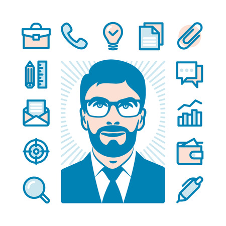 Businessman with Fat Line Icon set for web and mobile. Modern minimalistic flat design elements of office supplies, business conceptions, work toolsのイラスト素材