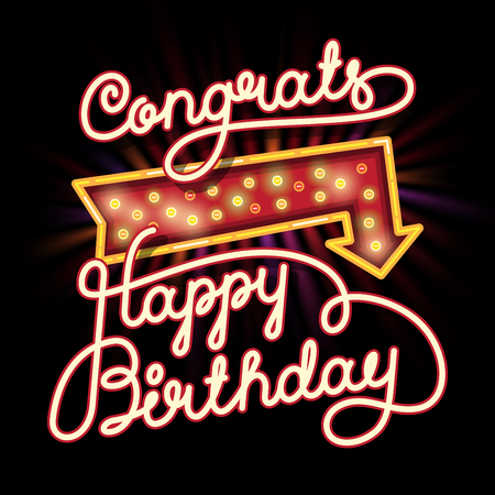 Happy Birthday Congrats Hand lettering. Original Brush Script Style Drawn Retro Vintage Vector Illustration with lighting arrowのイラスト素材