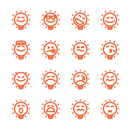 Fat Line Icon Set of lightbulb emoticons for web and mobile. Modern minimalistic flat design elements of emoji light bulb isolated on white background, vector illustration.のイラスト素材