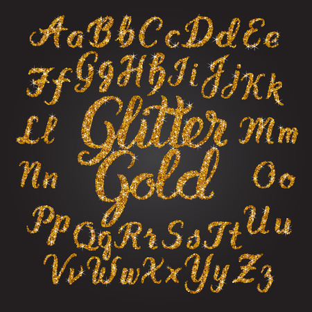Handwritten Glitter Gold alphabet vector font. Hand drawn brush script letters on black background. Stock vector lettering typographyのイラスト素材